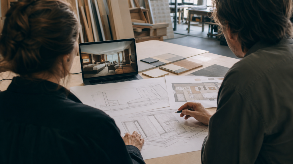 One-Stop Custom Furniture Manufacturer 4 Interior designer and architect reviewing furniture shop drawings and a 3D room rendering during a project collaboration
