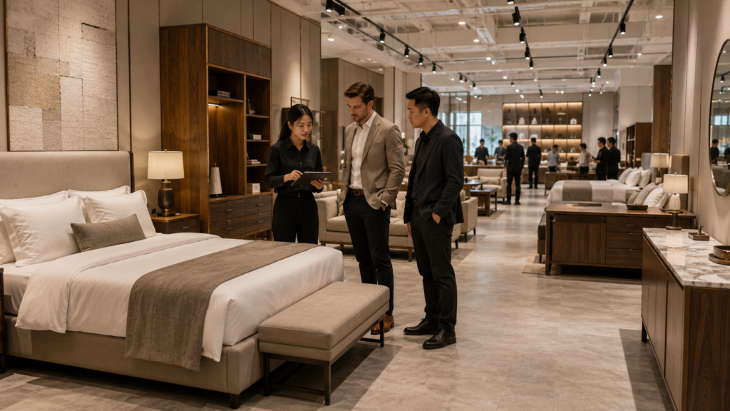 How to Source Hotel Furniture Directly from a Chinese Factory 2 Modern showroom with contemporary furniture display