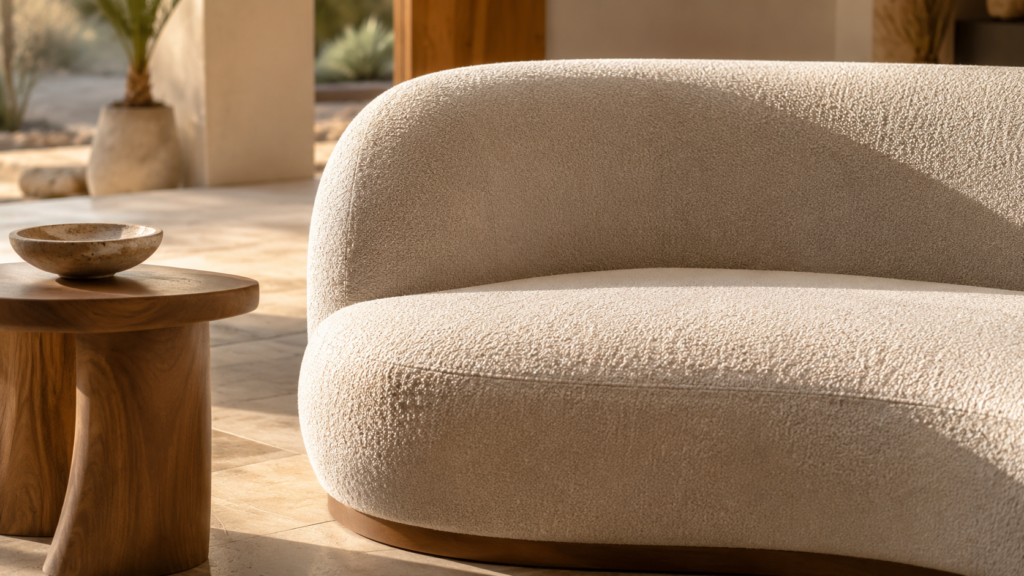 Luxury Villa Furniture Trends for International Developments in 2026 1 curved sculptural sofa in a boucle fabric 1