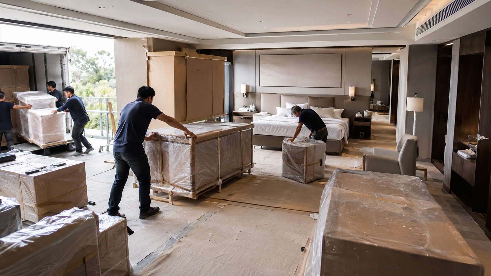 Hotel FF&E installation crew positioning furniture during a large-scale hospitality project rollout