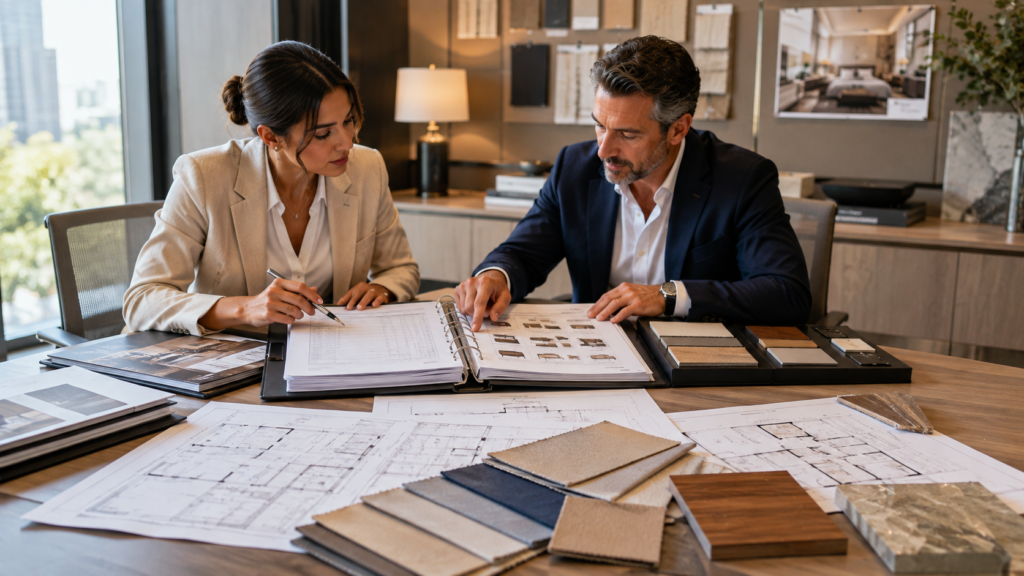 How Hotel Developers Source Furniture for Large Projects 1 Procurement team reviewing FF&E scope and room-by-room specifications for a hotel project