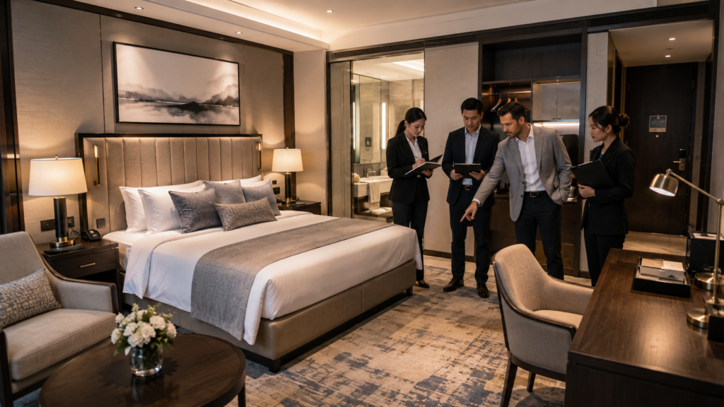How Hotel Developers Source Furniture for Large Projects 4 Hotel model room mock-up used for FF&E sample approval and brand QA review