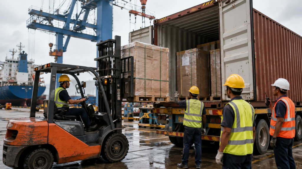 How Hotel Developers Source Furniture for Large Projects 5 Loading hotel furniture shipments for international freight and customs clearance