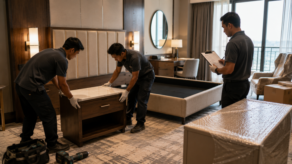 How Hotel Developers Source Furniture for Large Projects 6 Hotel FF&E installation and punch list inspection during project closeout