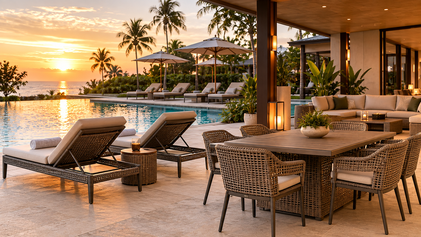 Outdoor furniture from China set up on a luxury hotel pool deck terrace