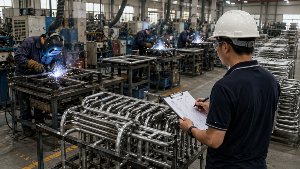 Outdoor Furniture from China: Quality, Cost & What to Expect 4 Factory floor welding and quality control inspection for outdoor furniture production