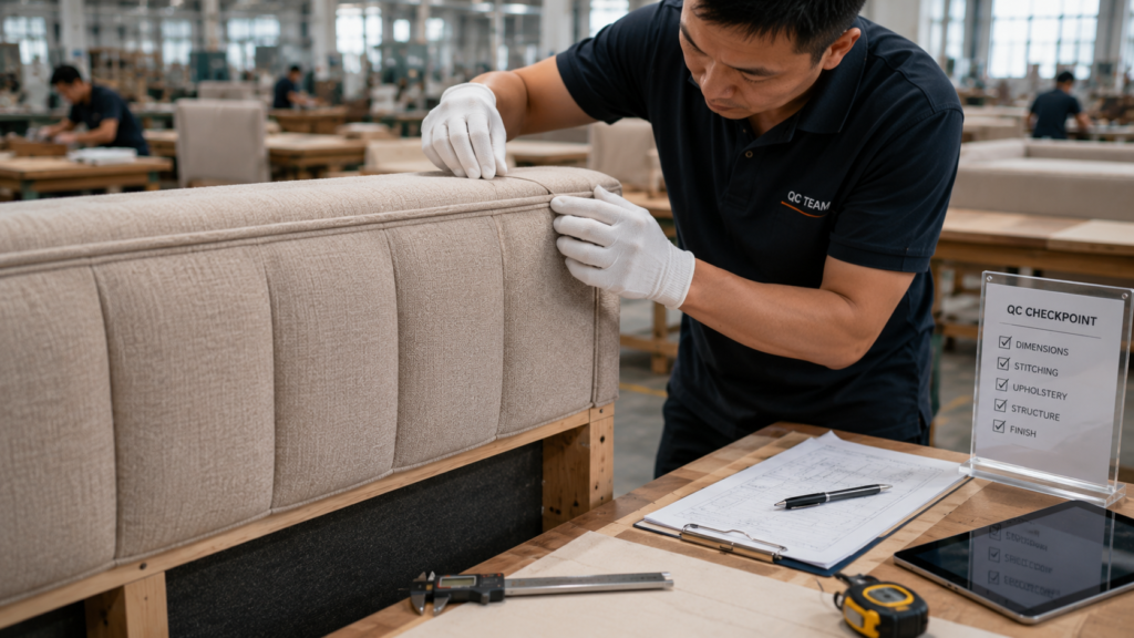 Factory production planning and quality inspection for OEM custom furniture manufacturing.