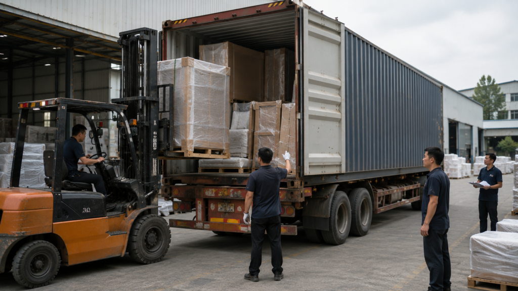Shipping container being loaded with wrapped hotel furniture for international export from a Chinese furniture manufacturer.