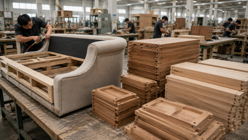 Comparing upholstered furniture and wooden case goods production for MOQ planning.