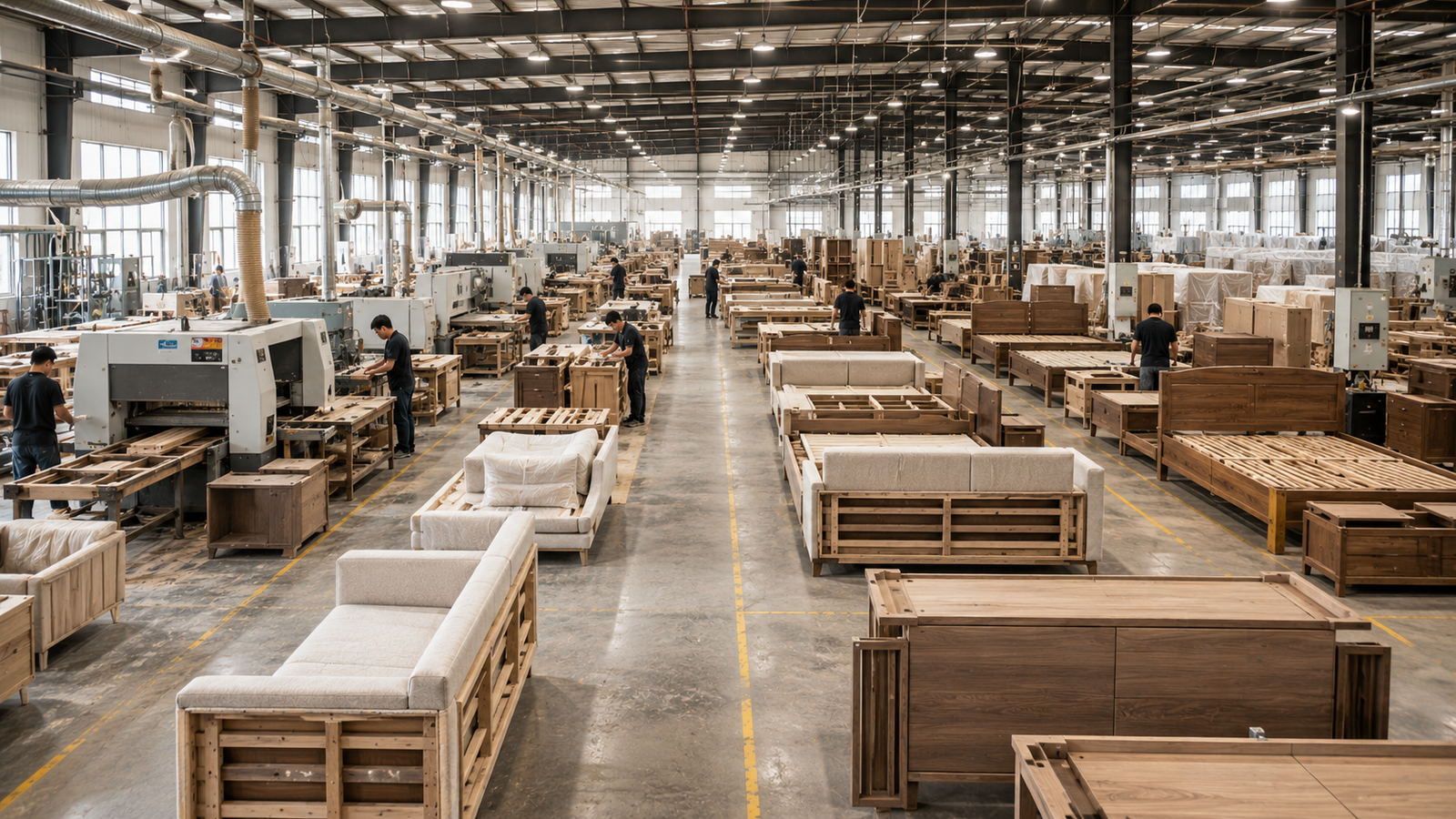 Modern Chinese hotel furniture factory producing custom furniture for hotels, villas, and commercial projects.