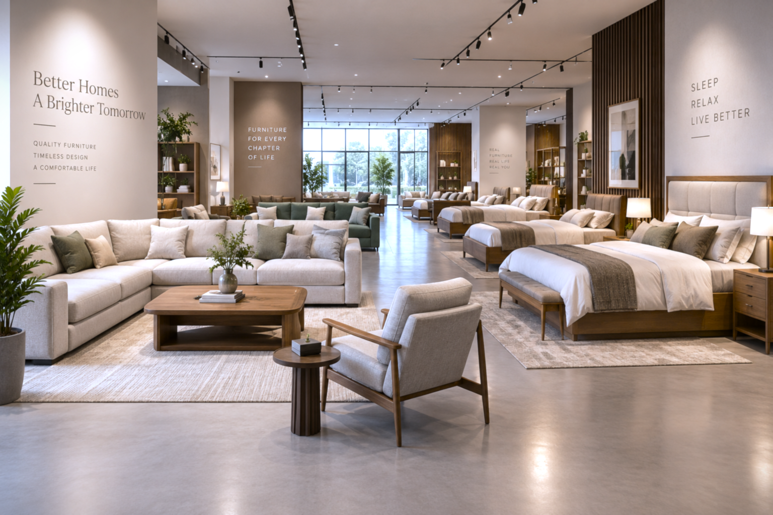 Bright contemporary furniture store displaying multiple stylish beds and sofas alongside wooden furniture, soft neutral décor, and natural daylight.