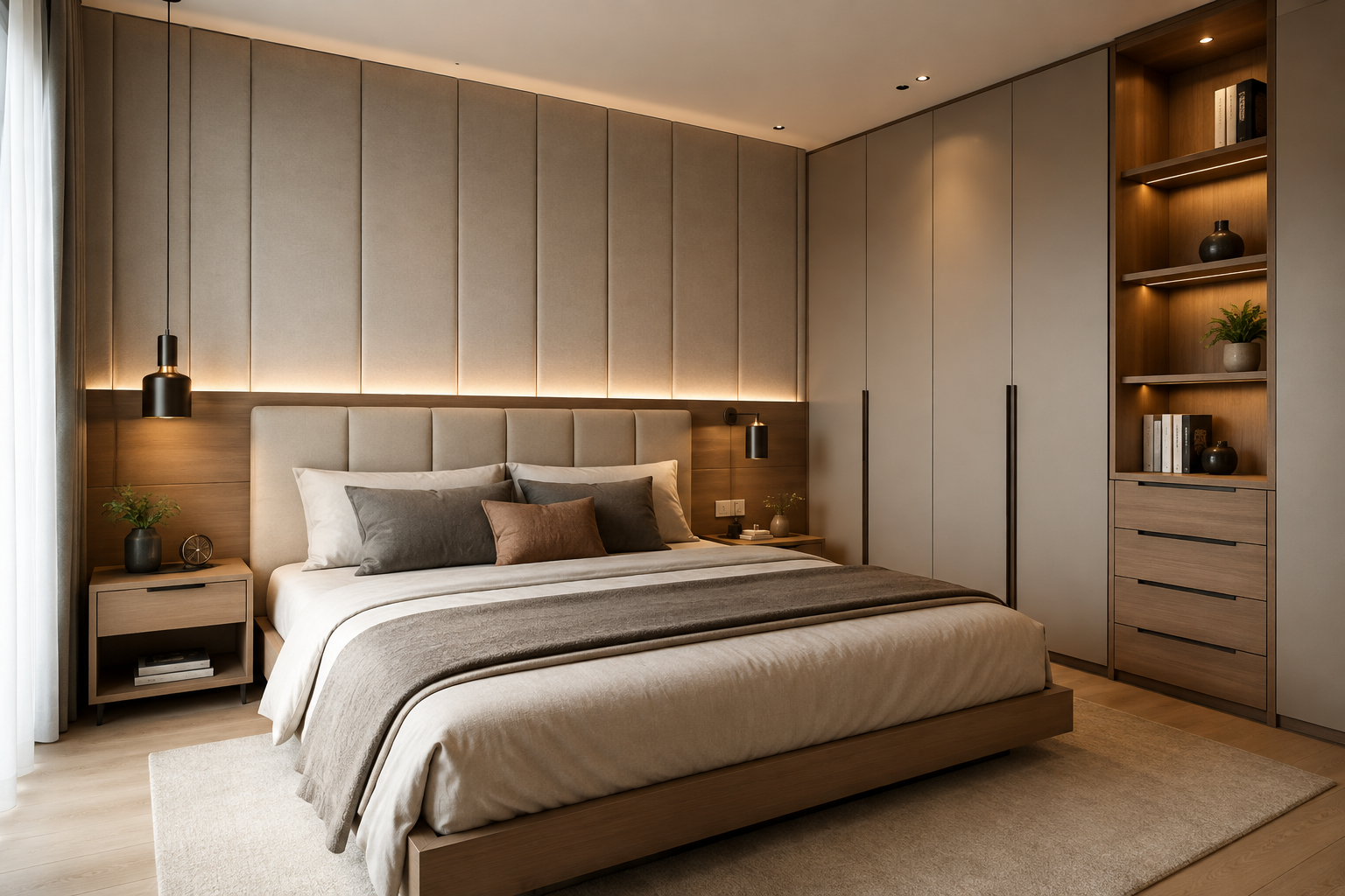 Modern apartment bedroom featuring mid-range wooden furniture, a soft cushioned wall panel behind the bed, neutral bedding, and contemporary built-in cabinetry along the right wall.