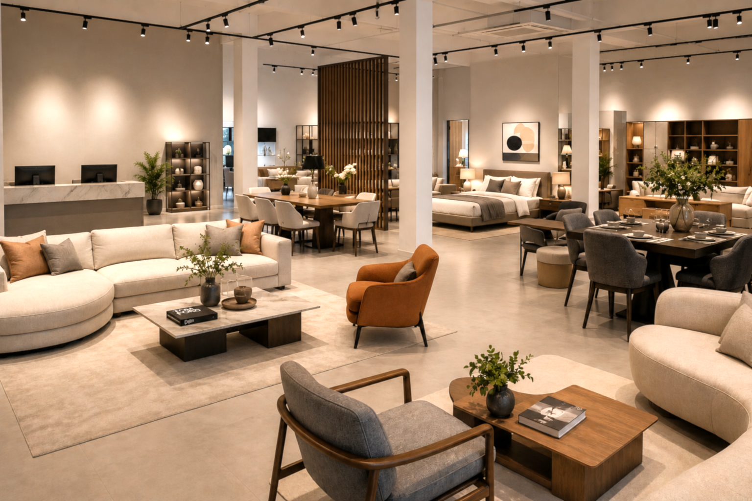 Spacious modern furniture showroom featuring sofas, armchairs, dining furniture, bedroom furniture, wooden tables, shelving, and soft warm lighting.