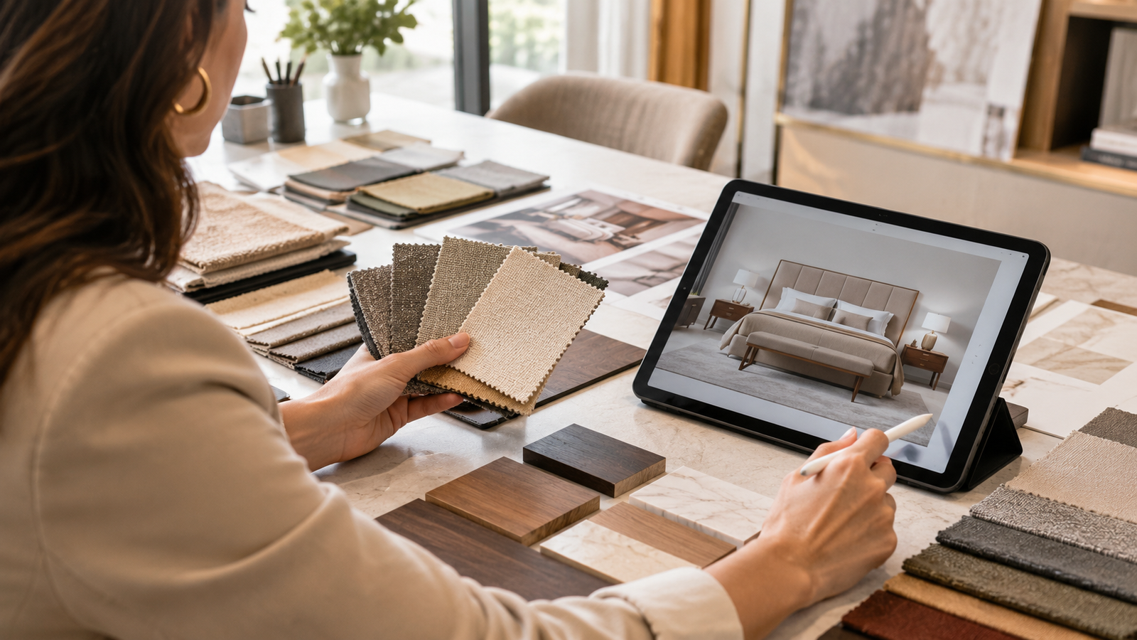 Custom Hotel Furniture: The Complete Guide for Hospitality Projects 2 Hotel designer selecting custom furniture materials and finishes