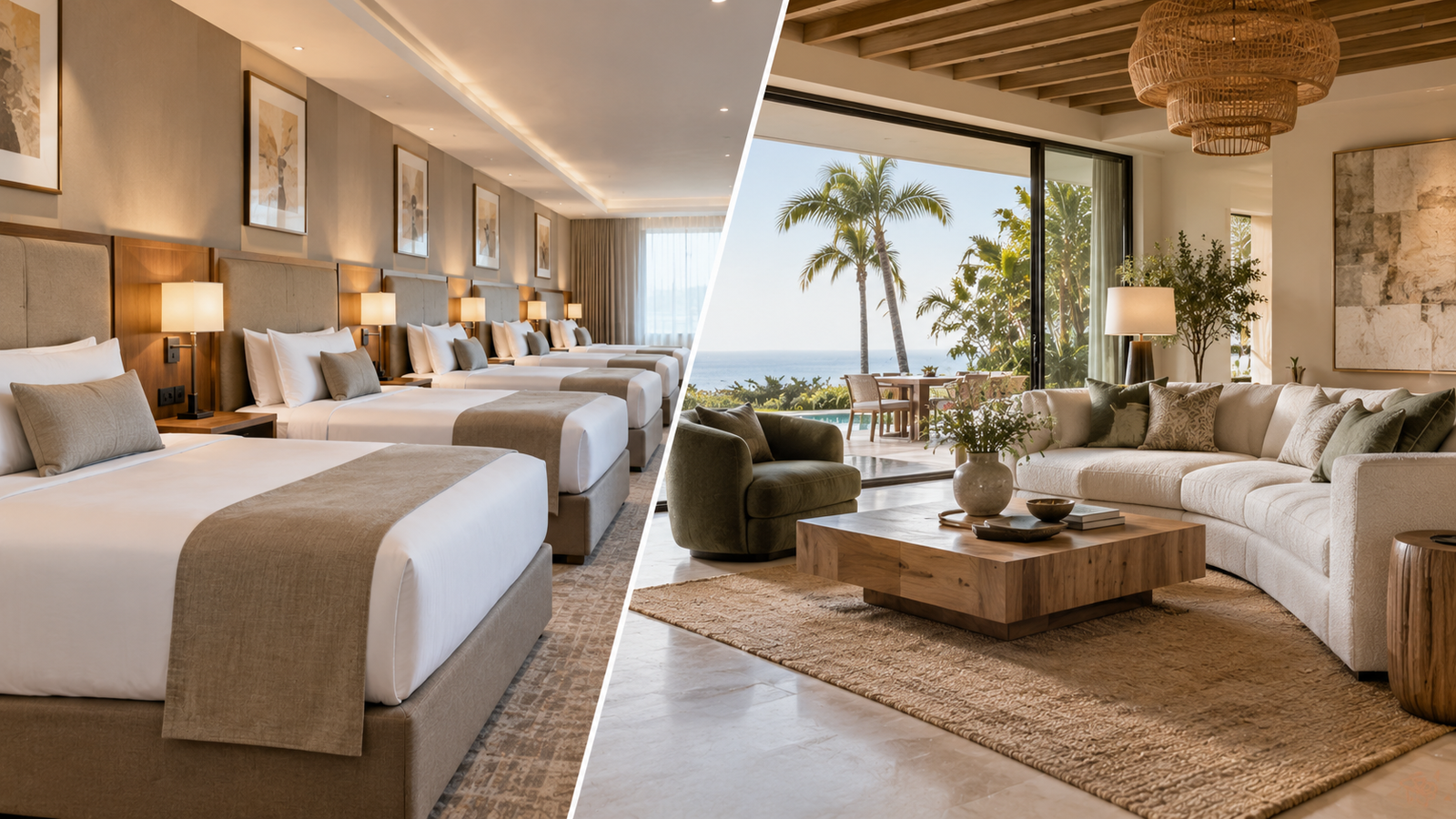 Resort & Villa Furniture Suppliers: What International Developers Should Compare 1 Hotel vs villa furniture: repetitive hotel guestroom layout compared to bespoke villa design