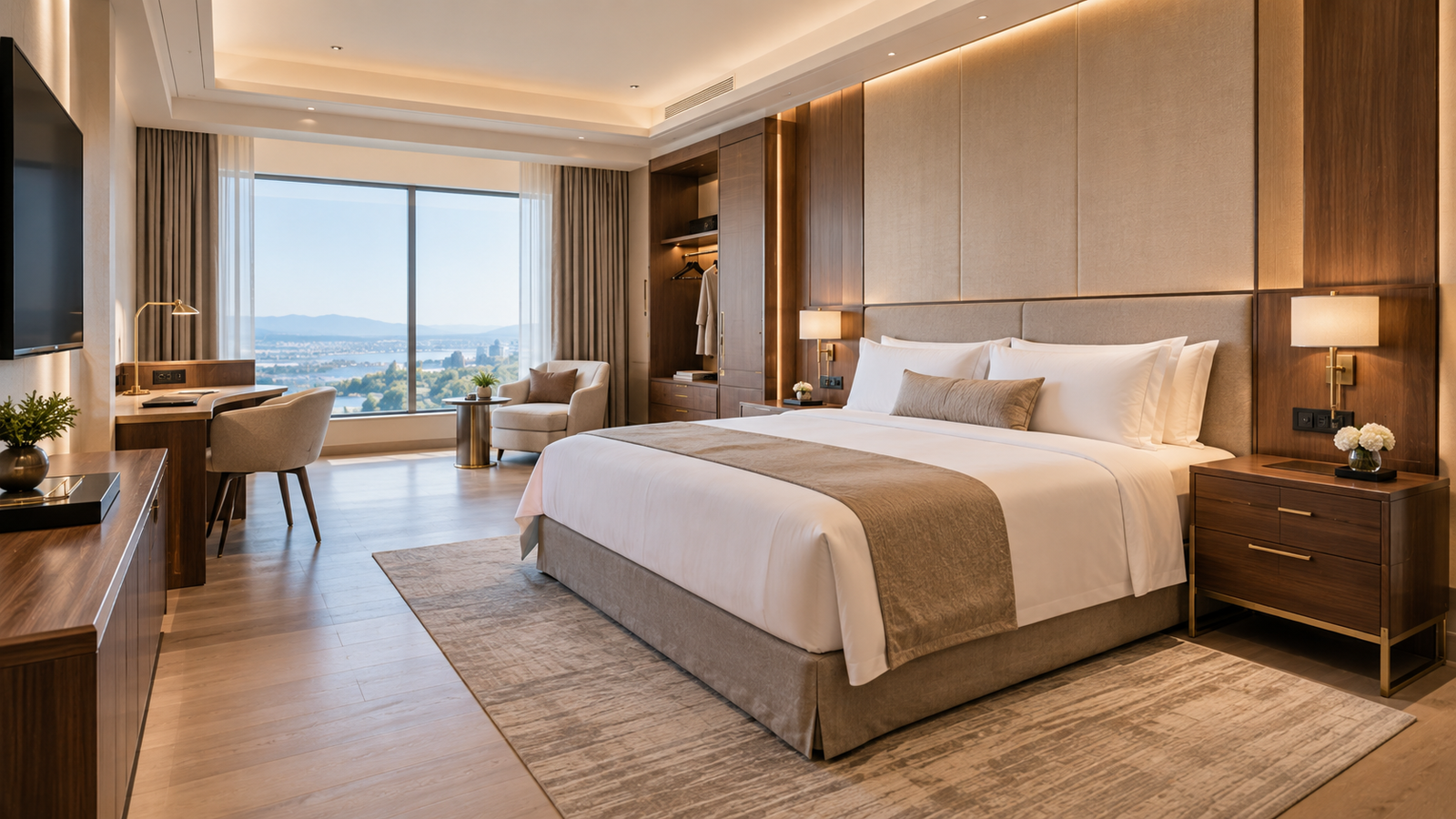 Custom hotel furniture in a fully furnished guest room, headboard wall, nightstands, and desk