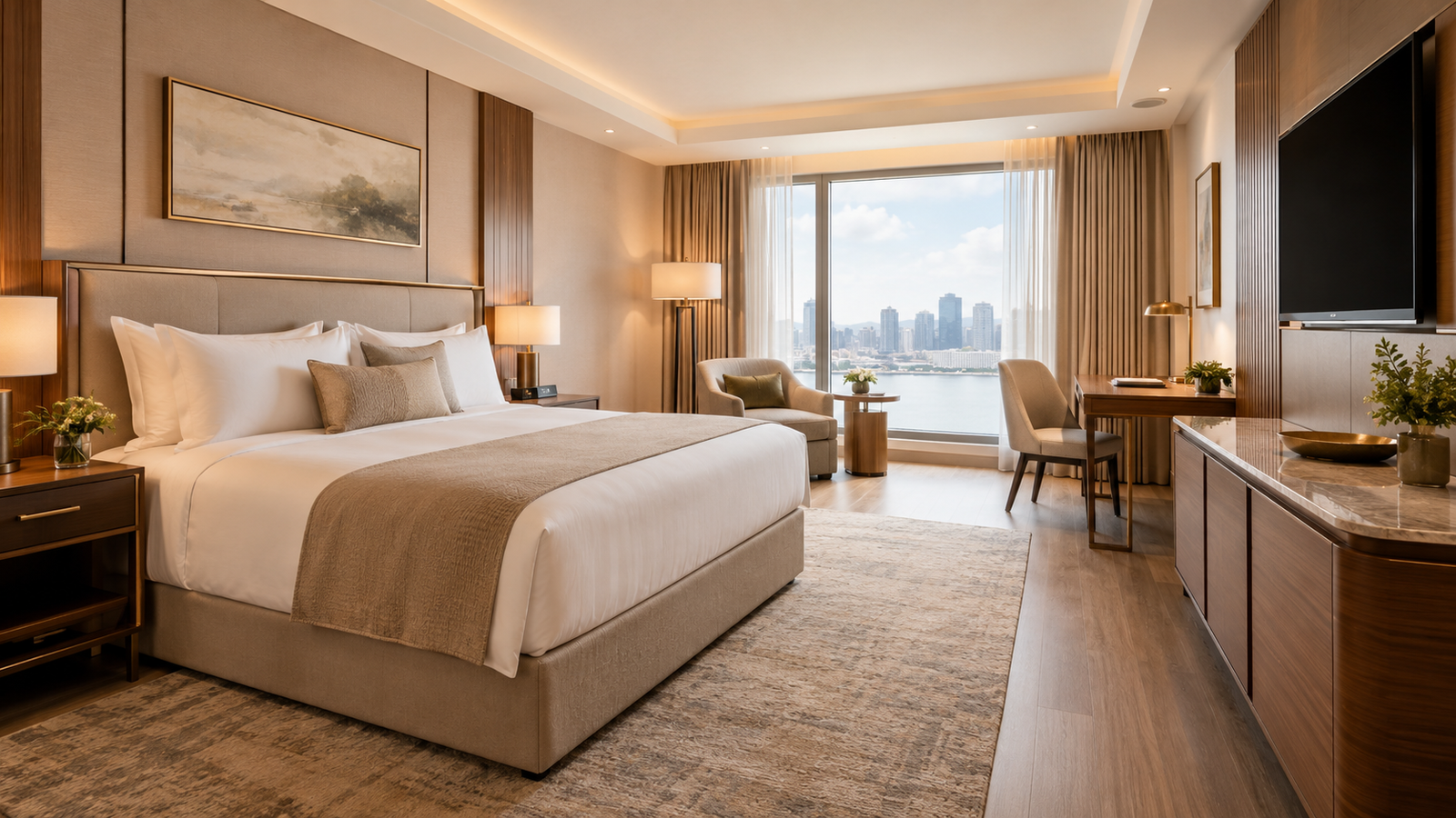 Warm luxury hotel suite furnished with FF&E, overlooking a city skyline